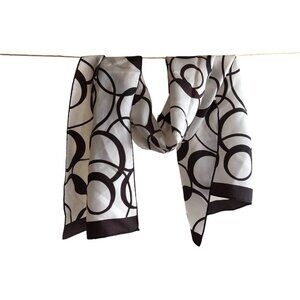 Vintage 1970s Japan-Made White & Black Oblong Scarf With Abstract Circle Print